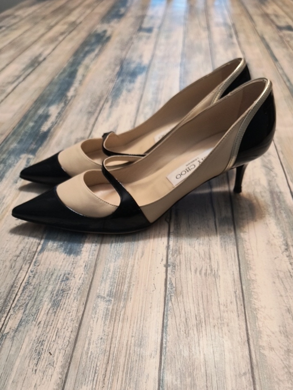 Jimmy Choo Black and Cream Patent Heels Sz 7.5